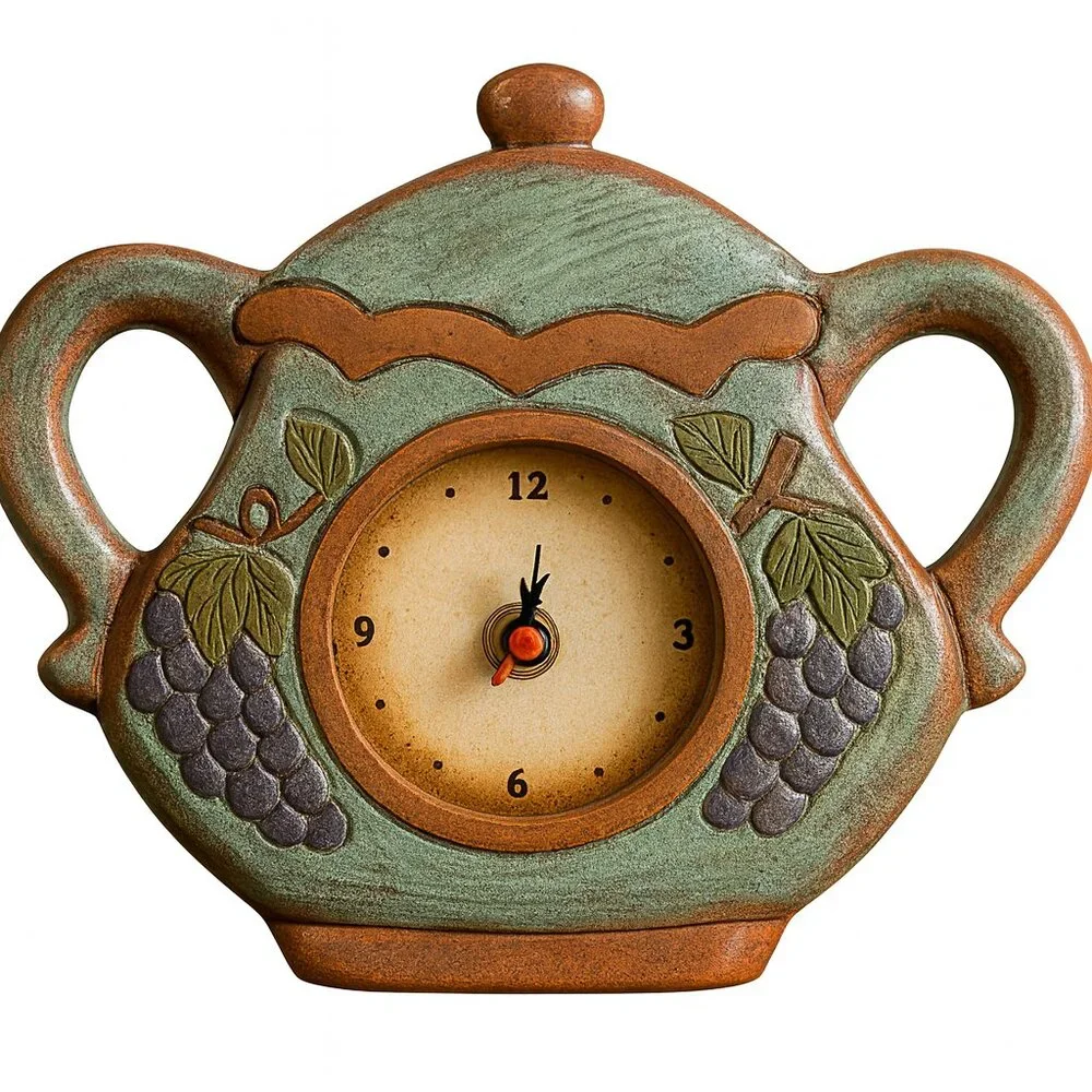 Vintage Wood Resin Teapot Analog Clock – Farmhouse Grapevine Decor – 8x7